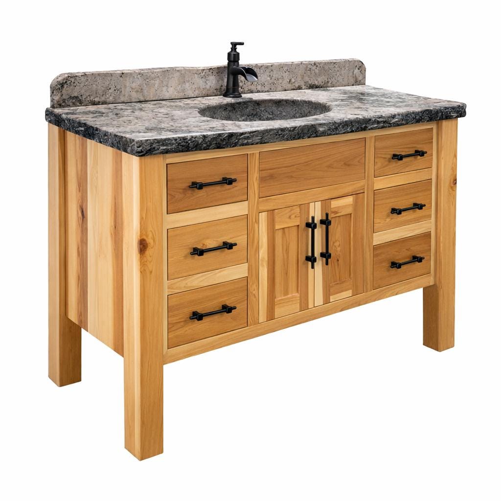 Rustic Hickory Bathroom Vanity with Concrete Top – Amish Handmade Vanity 42” - 72” – Farmhouse Bathroom Sink Vanity – Solid Wood Cabin
