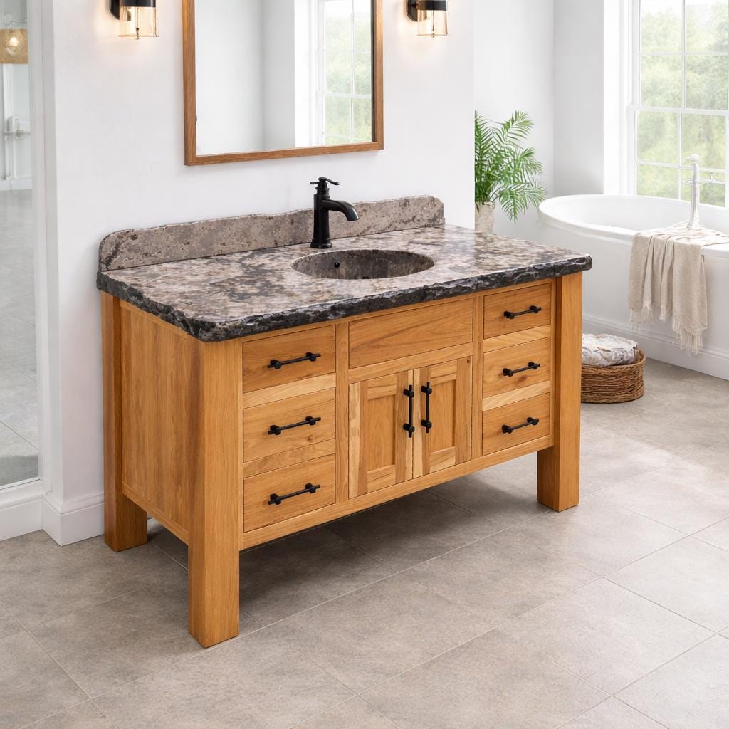 Rustic Hickory Bathroom Vanity with Concrete Top – Amish Handmade Vanity 42” - 72” – Farmhouse Bathroom Sink Vanity – Solid Wood Cabin