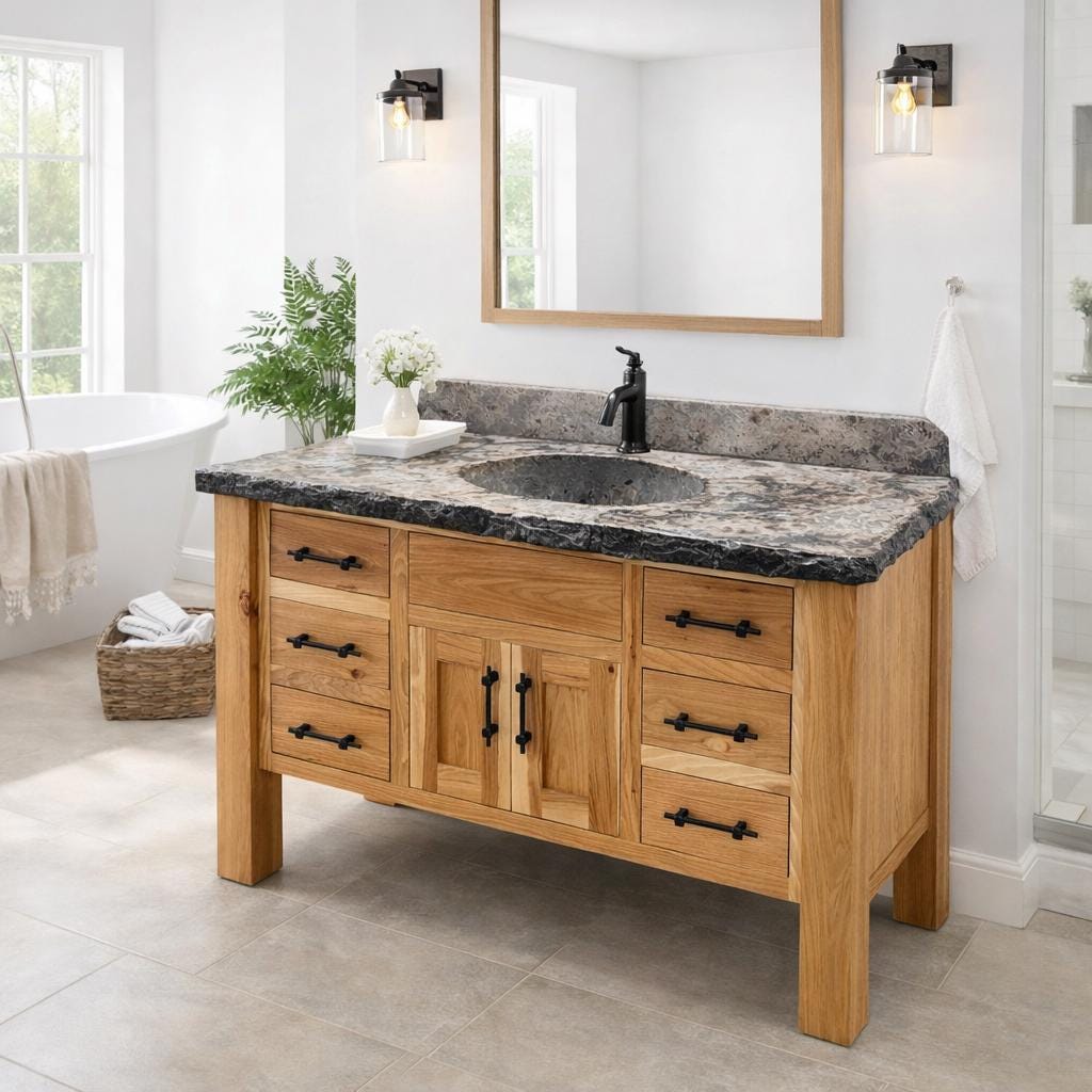 Rustic Hickory Bathroom Vanity with Concrete Top – Amish Handmade Vanity 42” - 72” – Farmhouse Bathroom Sink Vanity – Solid Wood Cabin