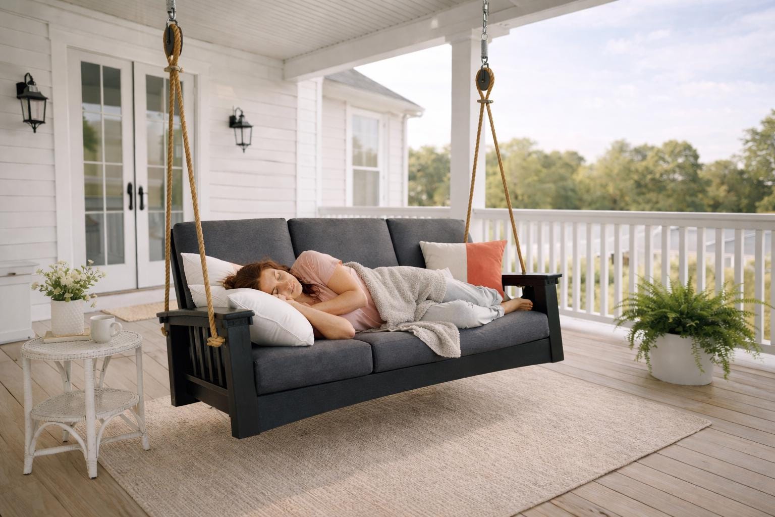 Poly Mission Sofa Rope Swing – 83” Outdoor Porch Swing Bed – Amish Made Hanging Sofa – Heavy Duty Rope Swing – Farmhouse Porch Furniture