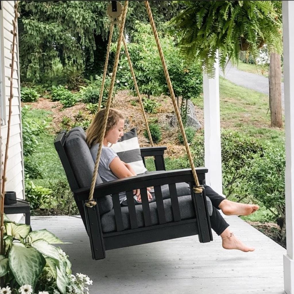 Poly Mission Sofa Rope Swing – 83” Outdoor Porch Swing Bed – Amish Made Hanging Sofa – Heavy Duty Rope Swing – Farmhouse Porch Furniture