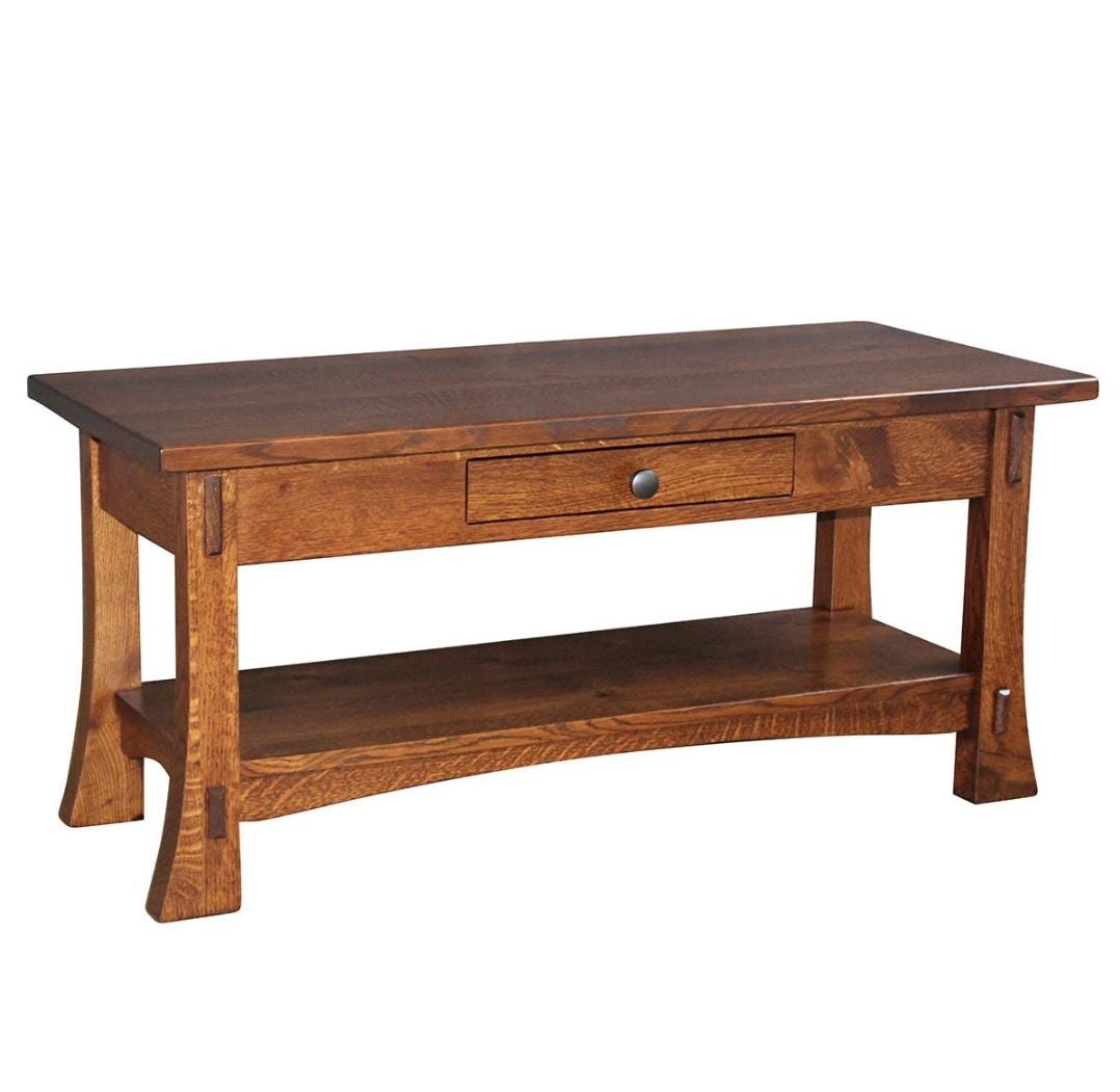 Mission Style Amish Built Coffee Table – Solid Oak Living Room Table with Drawer & Shelf – Mission Style Coffee Table