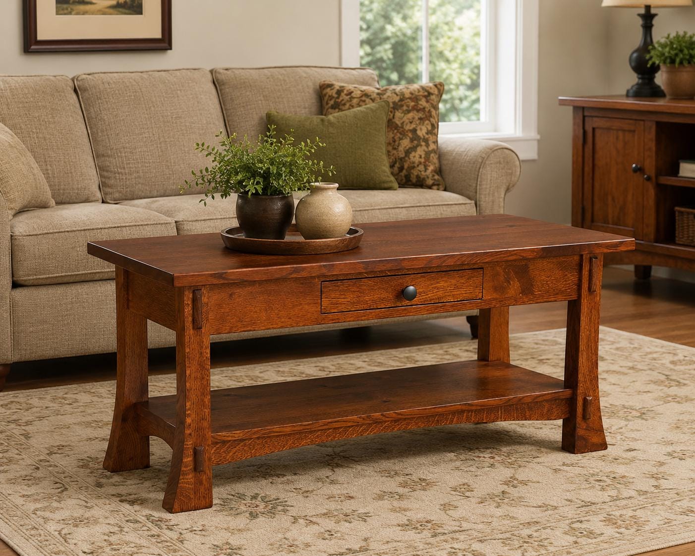 Mission Style Amish Built Coffee Table – Solid Oak Living Room Table with Drawer & Shelf – Mission Style Coffee Table