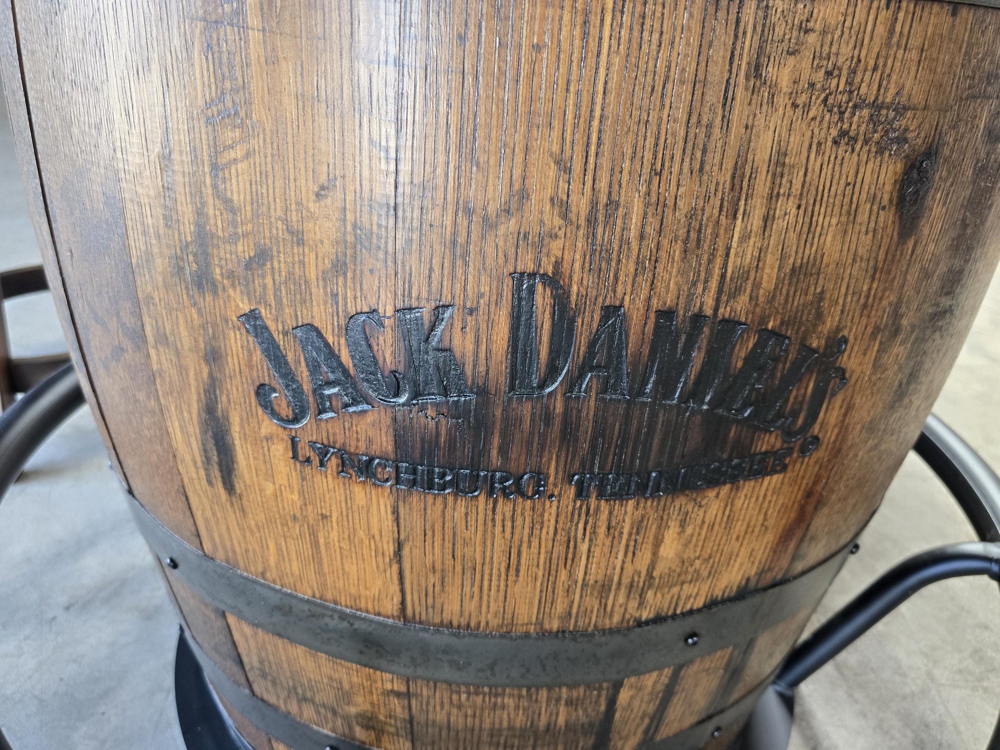 Jack Daniel’s® Whiskey Barrel | Pub Table | 54” Rustic Hickory Wood Top | Bourbon Barrel Bar Table w/ Glass Inlay | Man Cave Furniture