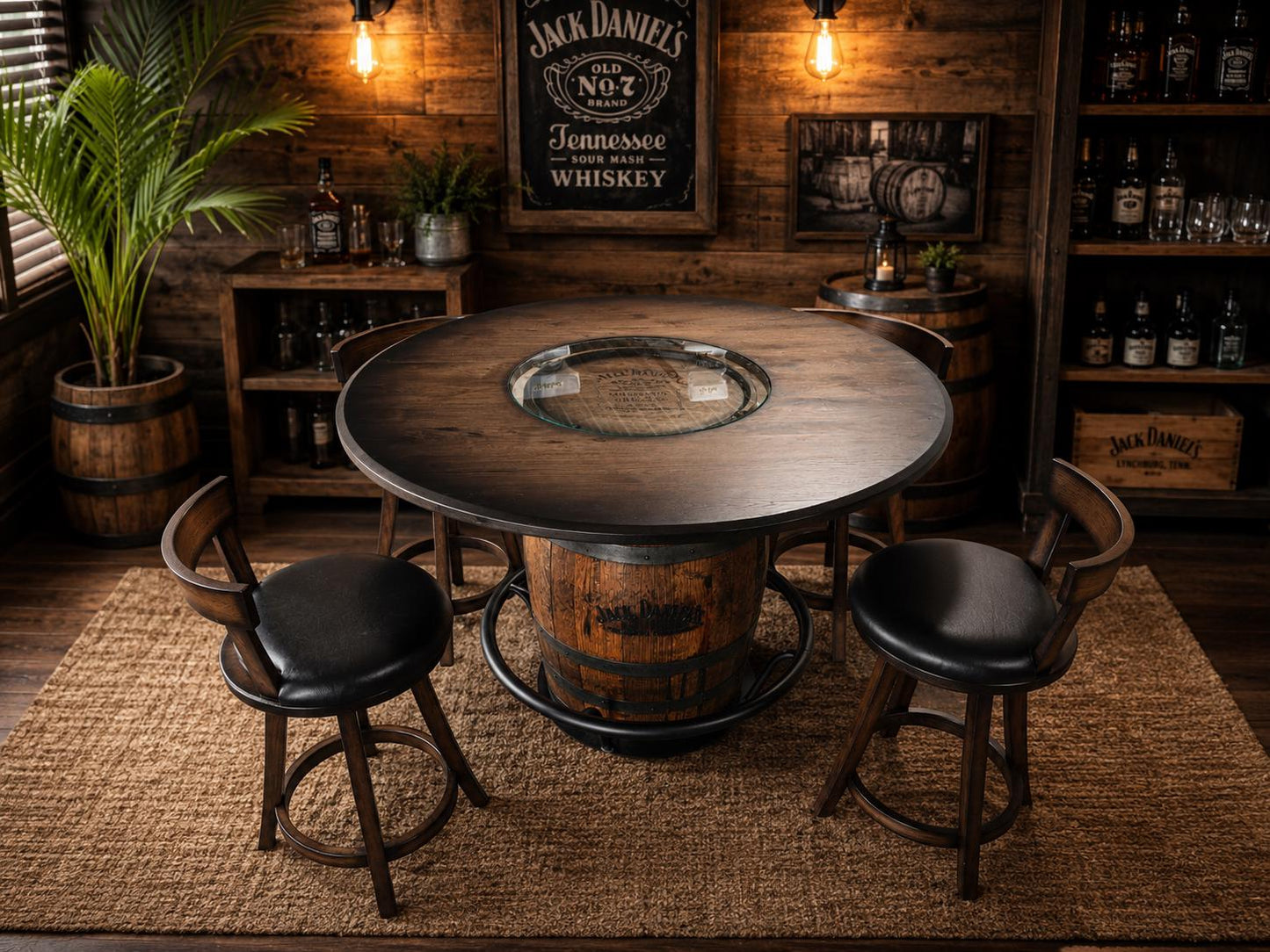 Jack Daniel’s® Whiskey Barrel | Pub Table | 54” Rustic Hickory Wood Top | Bourbon Barrel Bar Table w/ Glass Inlay | Man Cave Furniture