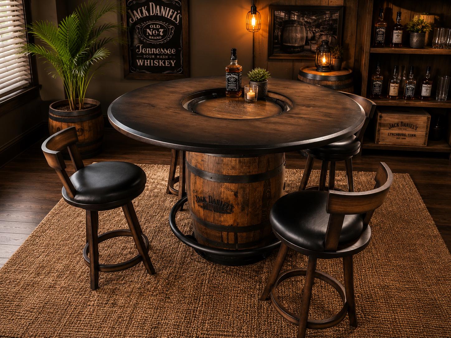 Jack Daniel’s® Whiskey Barrel | Pub Table | 54” Rustic Hickory Wood Top | Bourbon Barrel Bar Table w/ Glass Inlay | Man Cave Furniture