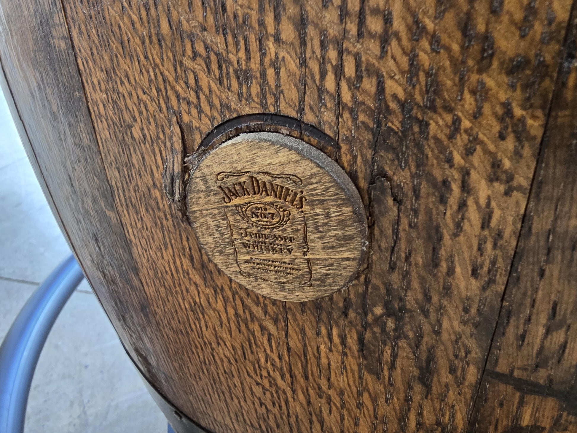 Jack Daniel’s® Whiskey Barrel | Pub Table | 54” Rustic Hickory Wood Top | Bourbon Barrel Bar Table w/ Glass Inlay | Man Cave Furniture