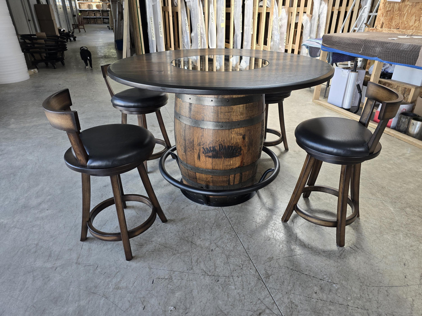 Jack Daniel’s® Whiskey Barrel | Pub Table | 54” Rustic Hickory Wood Top | Bourbon Barrel Bar Table w/ Glass Inlay | Man Cave Furniture