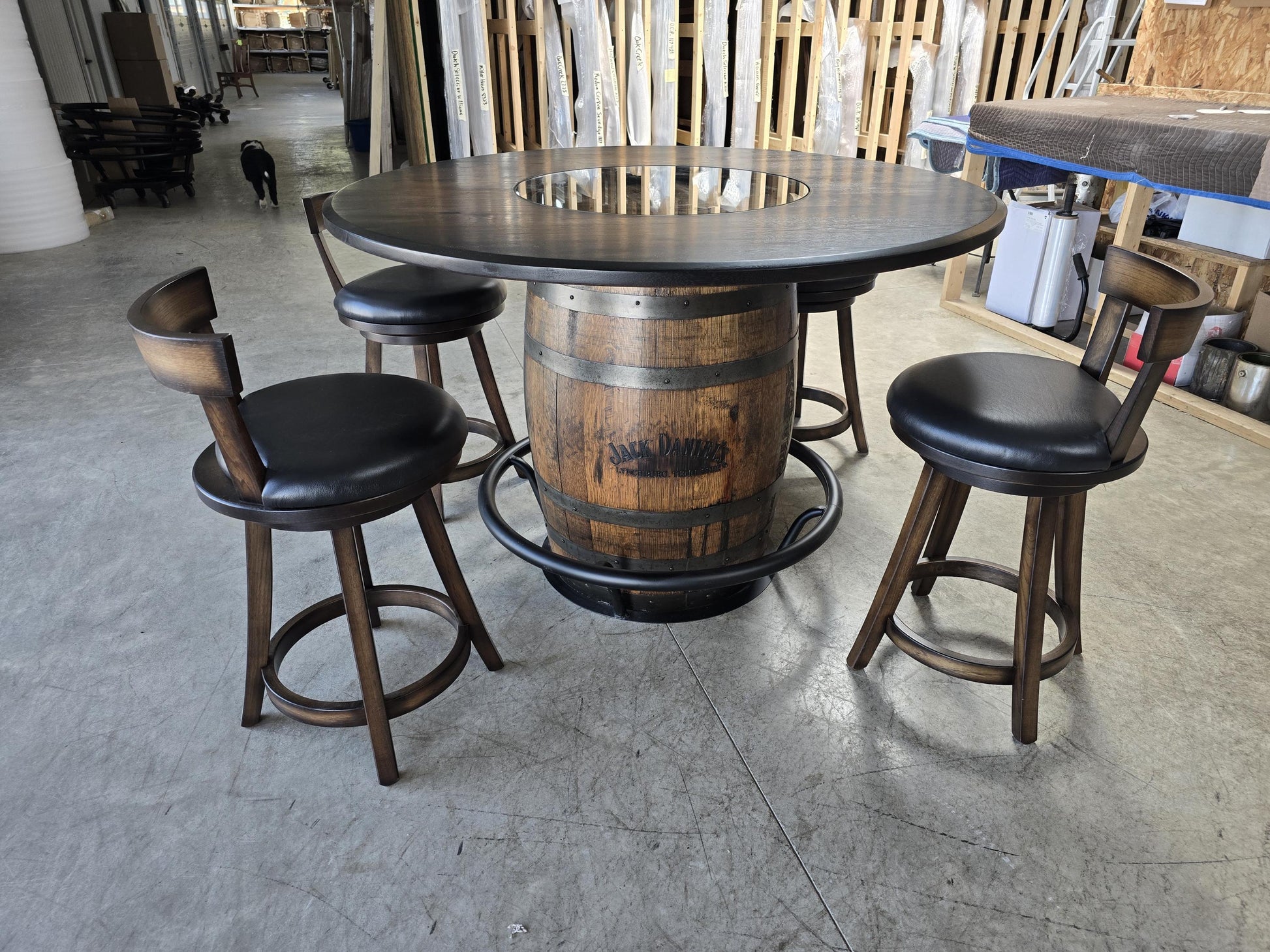 Jack Daniel’s® Whiskey Barrel | Pub Table | 54” Rustic Hickory Wood Top | Bourbon Barrel Bar Table w/ Glass Inlay | Man Cave Furniture