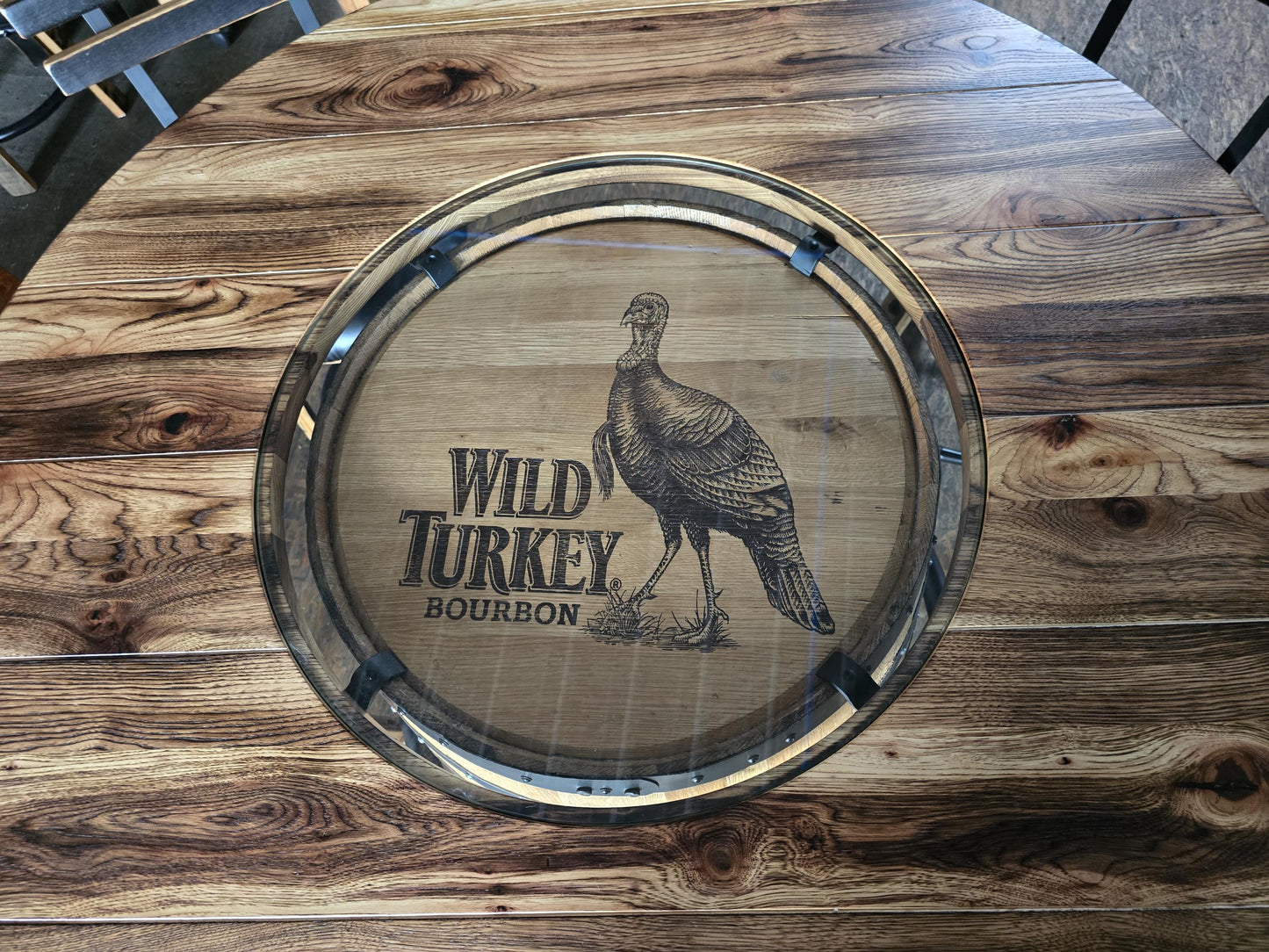 Wild Turkey Barrel Table with Stools – Burnt Hickory Top, Glass Inlay, Metal Footrest – Rustic Whiskey Barrel Furniture, Free