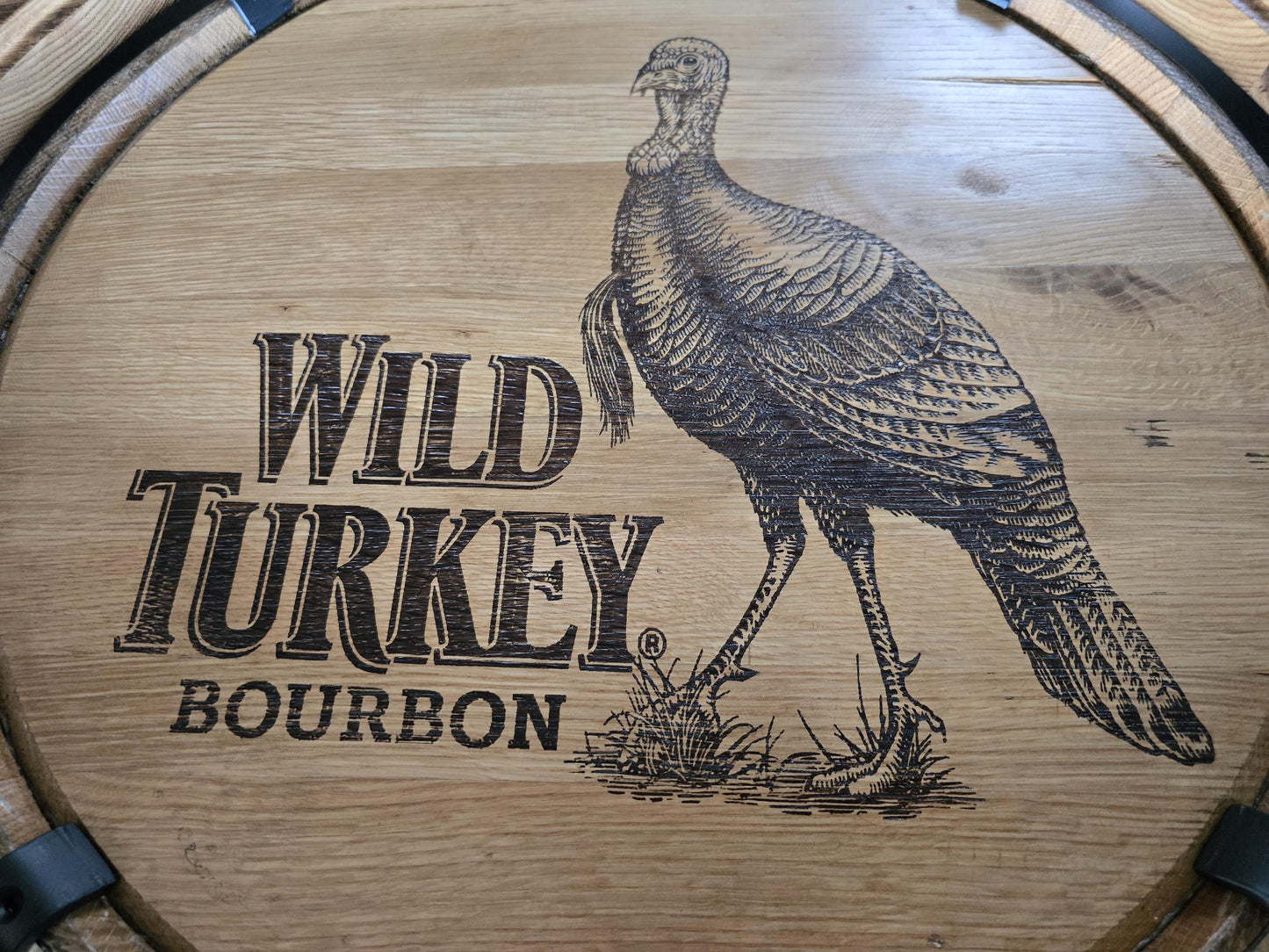 Wild Turkey Barrel Table with Stools – Burnt Hickory Top, Glass Inlay, Metal Footrest – Rustic Whiskey Barrel Furniture, Free
