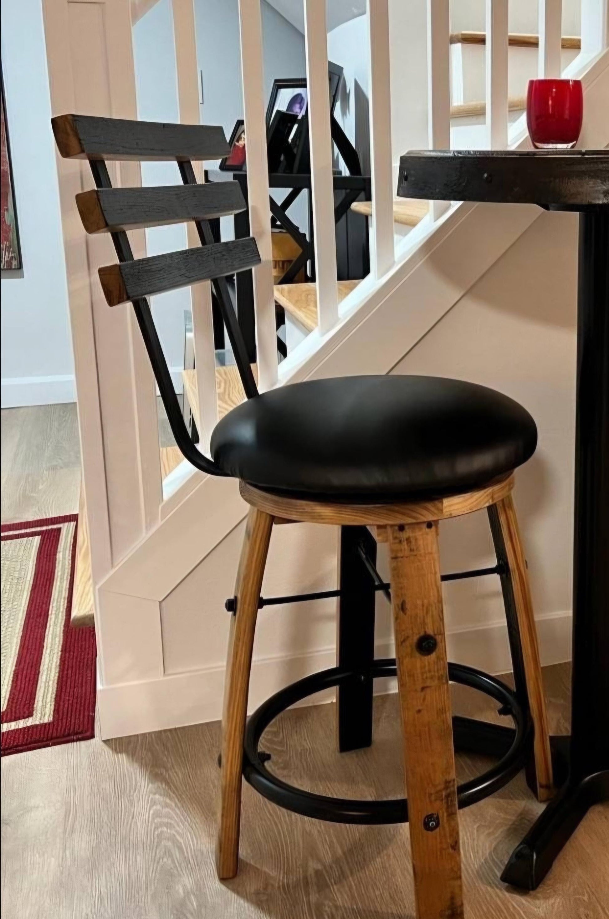 Wild Turkey Barrel Table with Stools – Burnt Hickory Top, Glass Inlay, Metal Footrest – Rustic Whiskey Barrel Furniture, Free