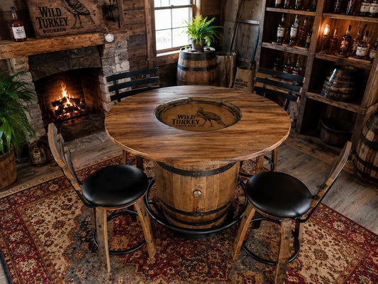 Wild Turkey Barrel Table with Stools – Burnt Hickory Top, Glass Inlay, Metal Footrest – Rustic Whiskey Barrel Furniture, Free