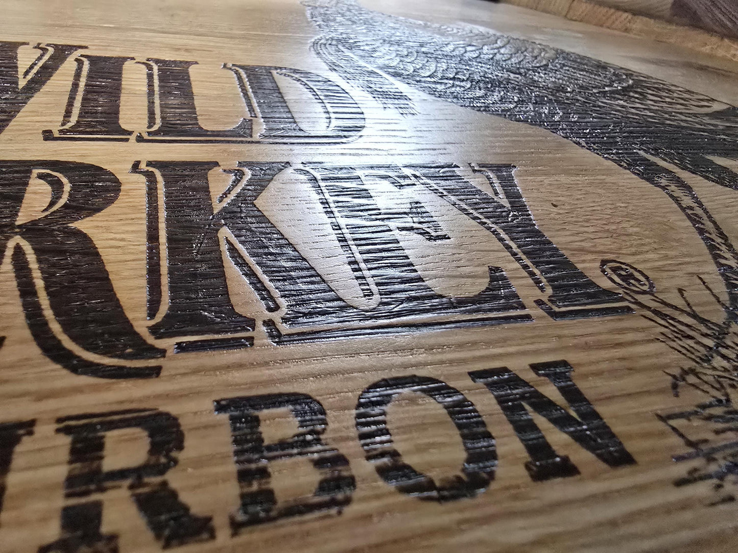 Wild Turkey Barrel Table with Stools – Burnt Hickory Top, Glass Inlay, Metal Footrest – Rustic Whiskey Barrel Furniture, Free