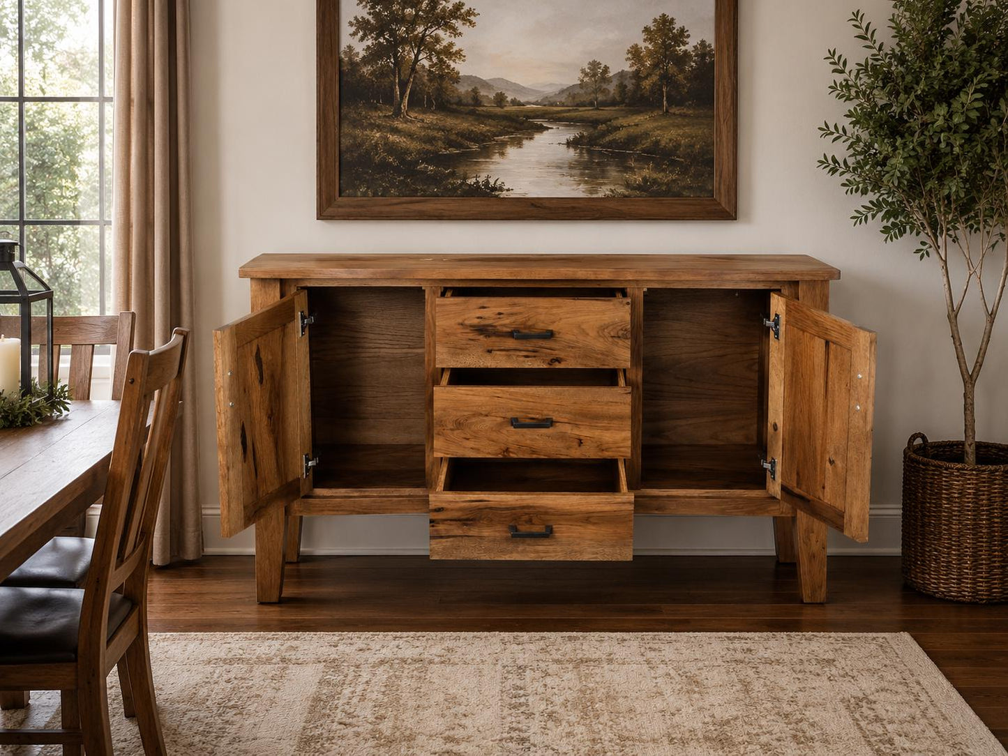 60" Rustic Hickory Brantley Twist Leg Server Buffet | Amish Handcrafted Sideboard Cabinet | Solid Wood Dining Room Storage Console