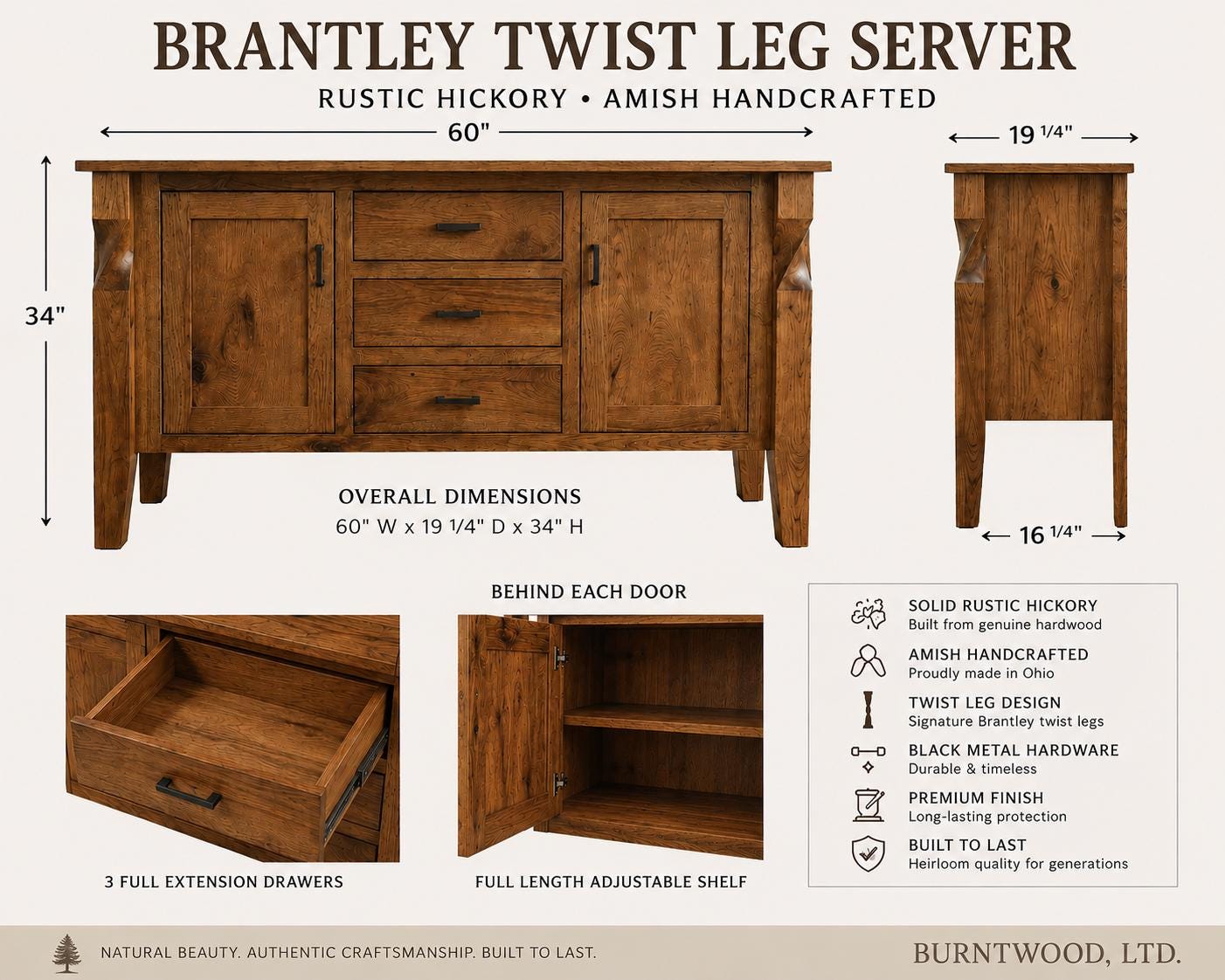 60" Rustic Hickory Brantley Twist Leg Server Buffet | Amish Handcrafted Sideboard Cabinet | Solid Wood Dining Room Storage Console
