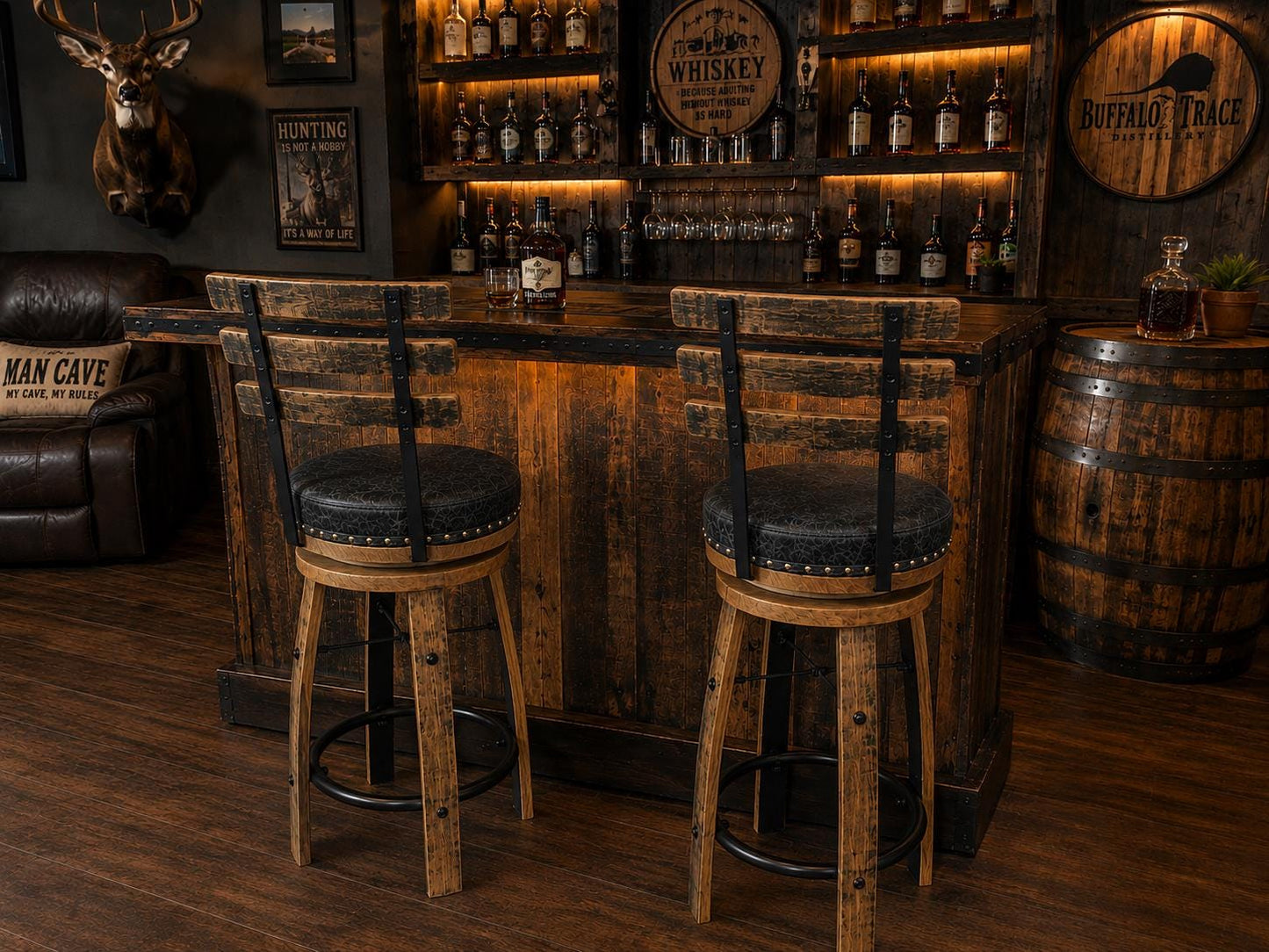Amish Handcrafted Whiskey Barrel Stave Bar Stool with Back, Rustic Swivel Seat with Back