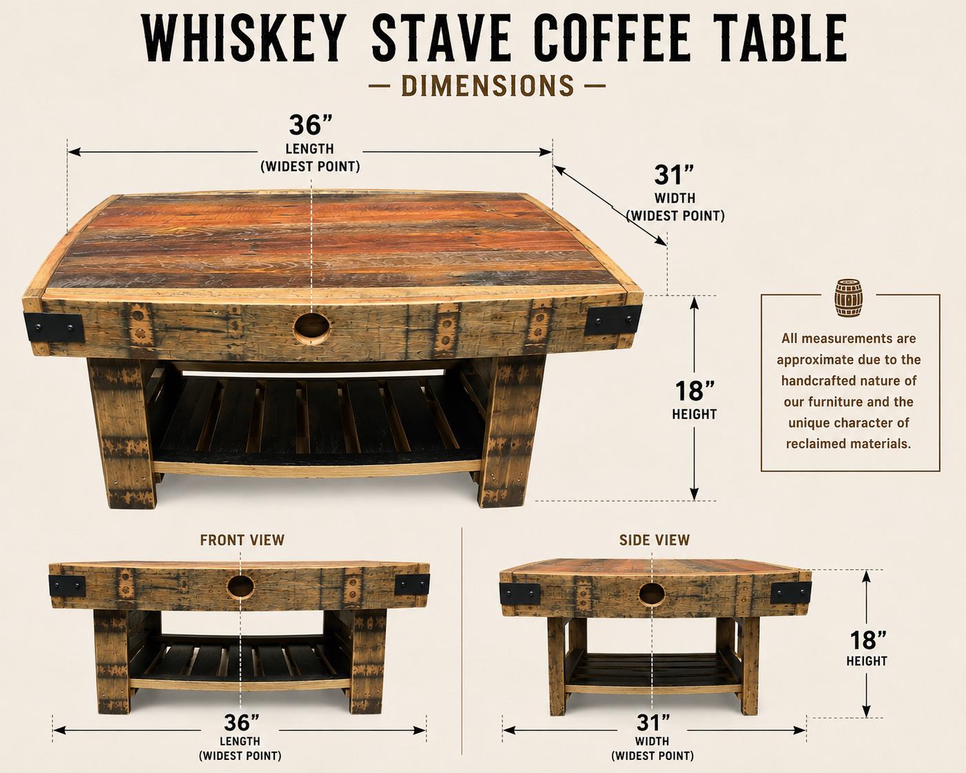 Whiskey Barrel Stave Coffee Table, Reclaimed Barn Wood Coffee Table, Rustic Wood Table, Bourbon Barrel Furniture, 36 x 30