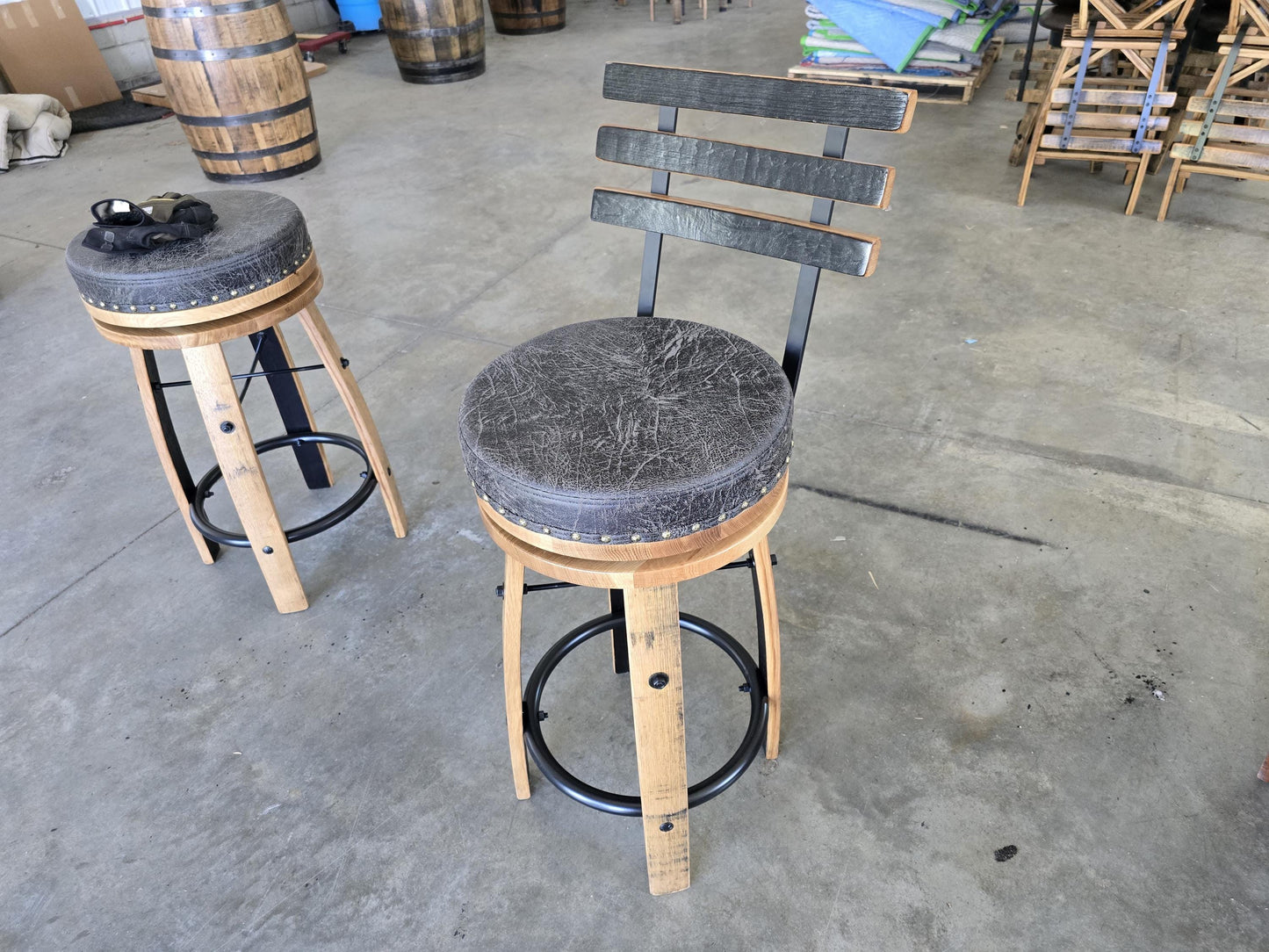 Amish Handcrafted Whiskey Barrel Stave Bar Stool with Back, Rustic Swivel Seat with Back