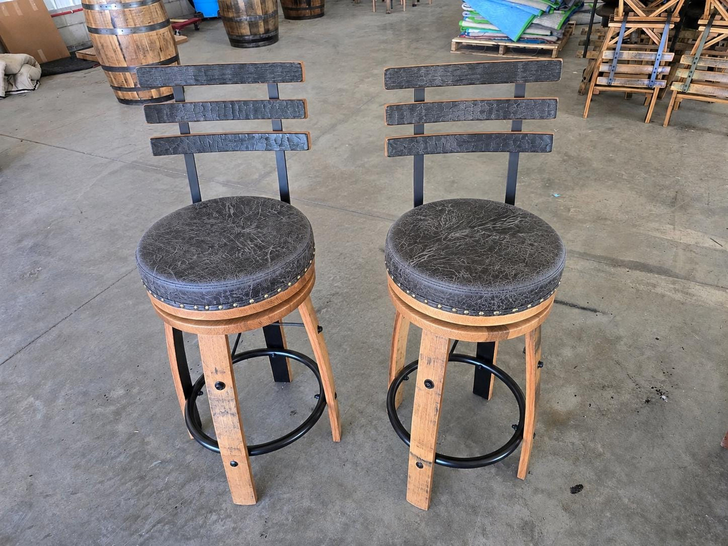 Amish Handcrafted Whiskey Barrel Stave Bar Stool with Back, Rustic Swivel Seat with Back