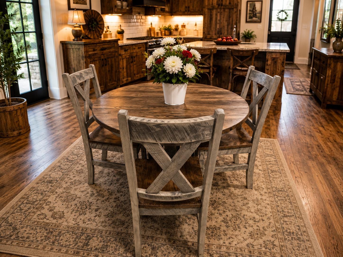 48” Reclaimed Barn Wood Dining Table Set | Round Farmhouse Table & Chairs | Rustic Pedestal Dining Table | Amish Made Wood Furniture