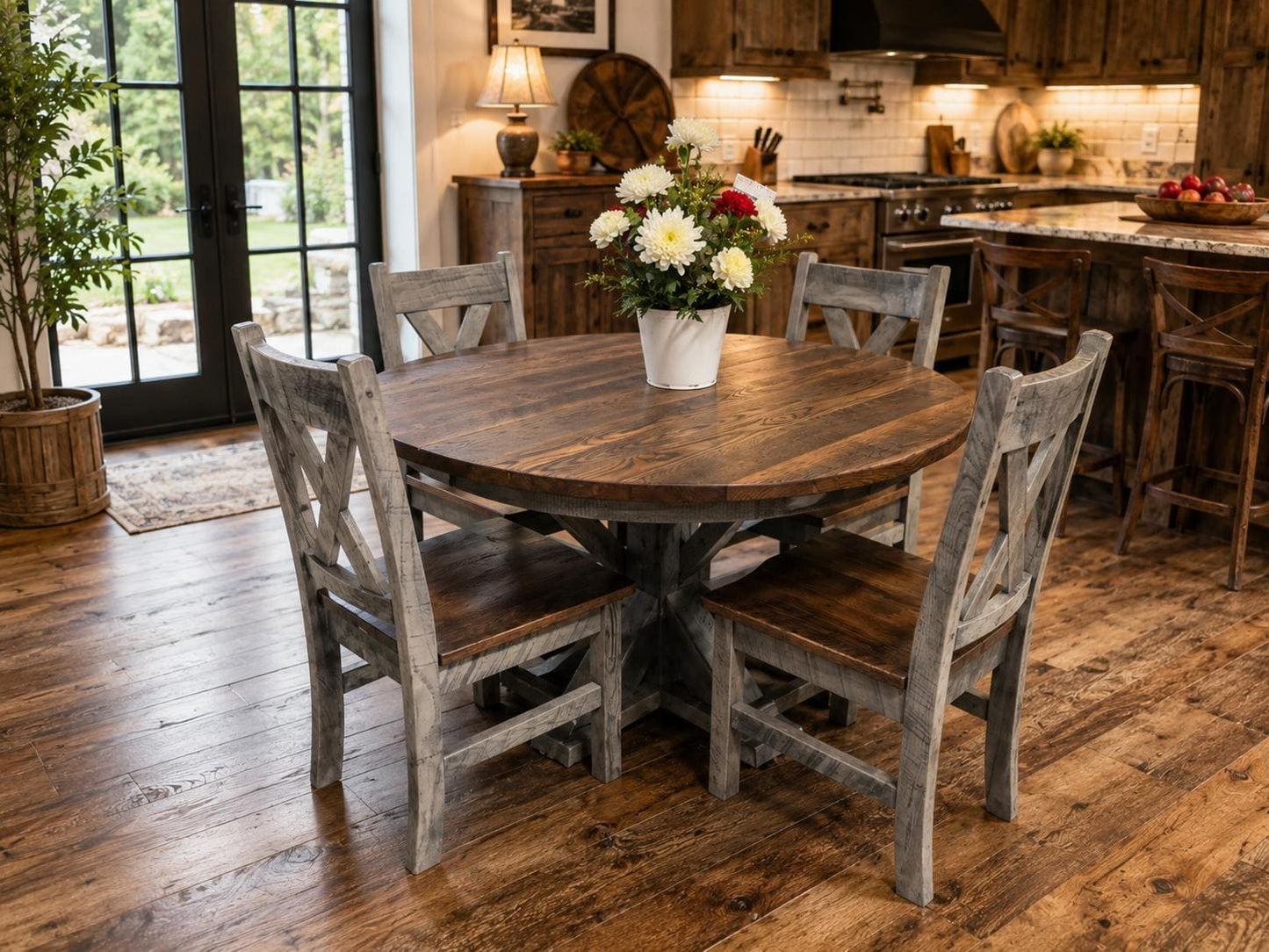 48” Reclaimed Barn Wood Dining Table Set | Round Farmhouse Table & Chairs | Rustic Pedestal Dining Table | Amish Made Wood Furniture