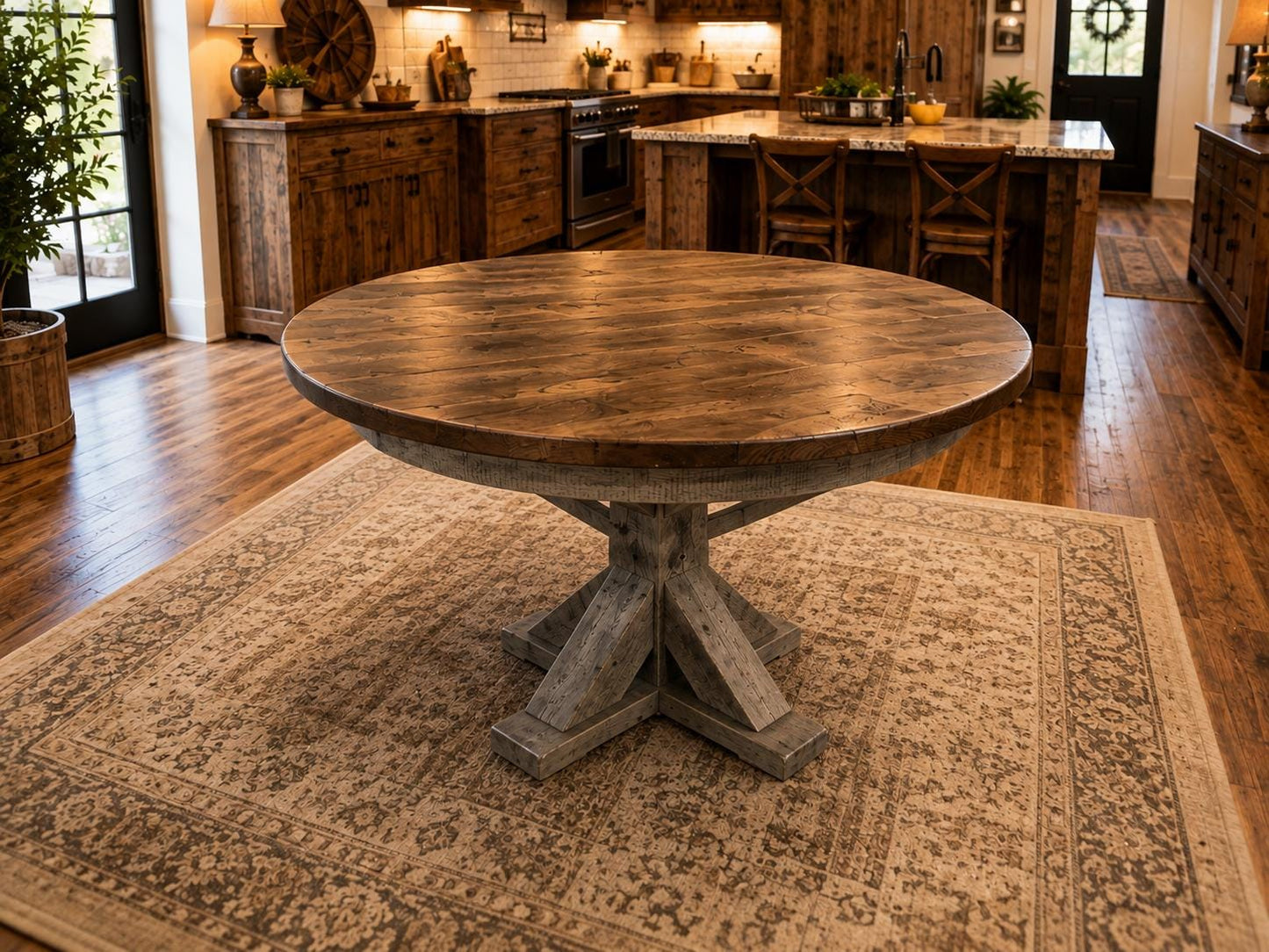 48” Reclaimed Barn Wood Dining Table Set | Round Farmhouse Table & Chairs | Rustic Pedestal Dining Table | Amish Made Wood Furniture