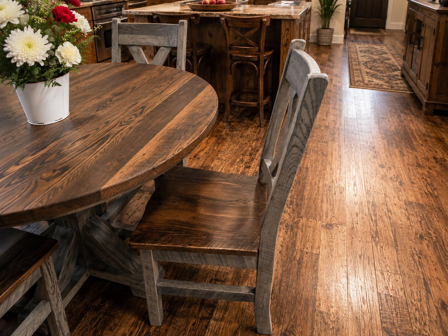 48” Reclaimed Barn Wood Dining Table Set | Round Farmhouse Table & Chairs | Rustic Pedestal Dining Table | Amish Made Wood Furniture