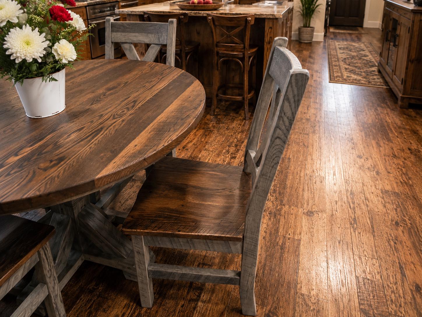 48” Reclaimed Barn Wood Dining Table Set | Round Farmhouse Table & Chairs | Rustic Pedestal Dining Table | Amish Made Wood Furniture