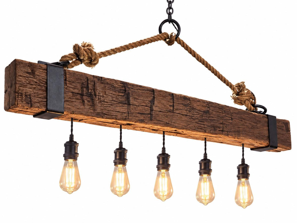 Reclaimed Barn Beam Chandelier, Rustic Wood Hanging Light, 48” Farmhouse Dining Room Light, Cabin Kitchen Island Lighting, Edison Light