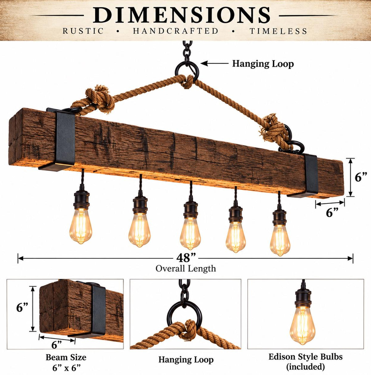 Reclaimed Barn Beam Chandelier, Rustic Wood Hanging Light, 48” Farmhouse Dining Room Light, Cabin Kitchen Island Lighting, Edison Light