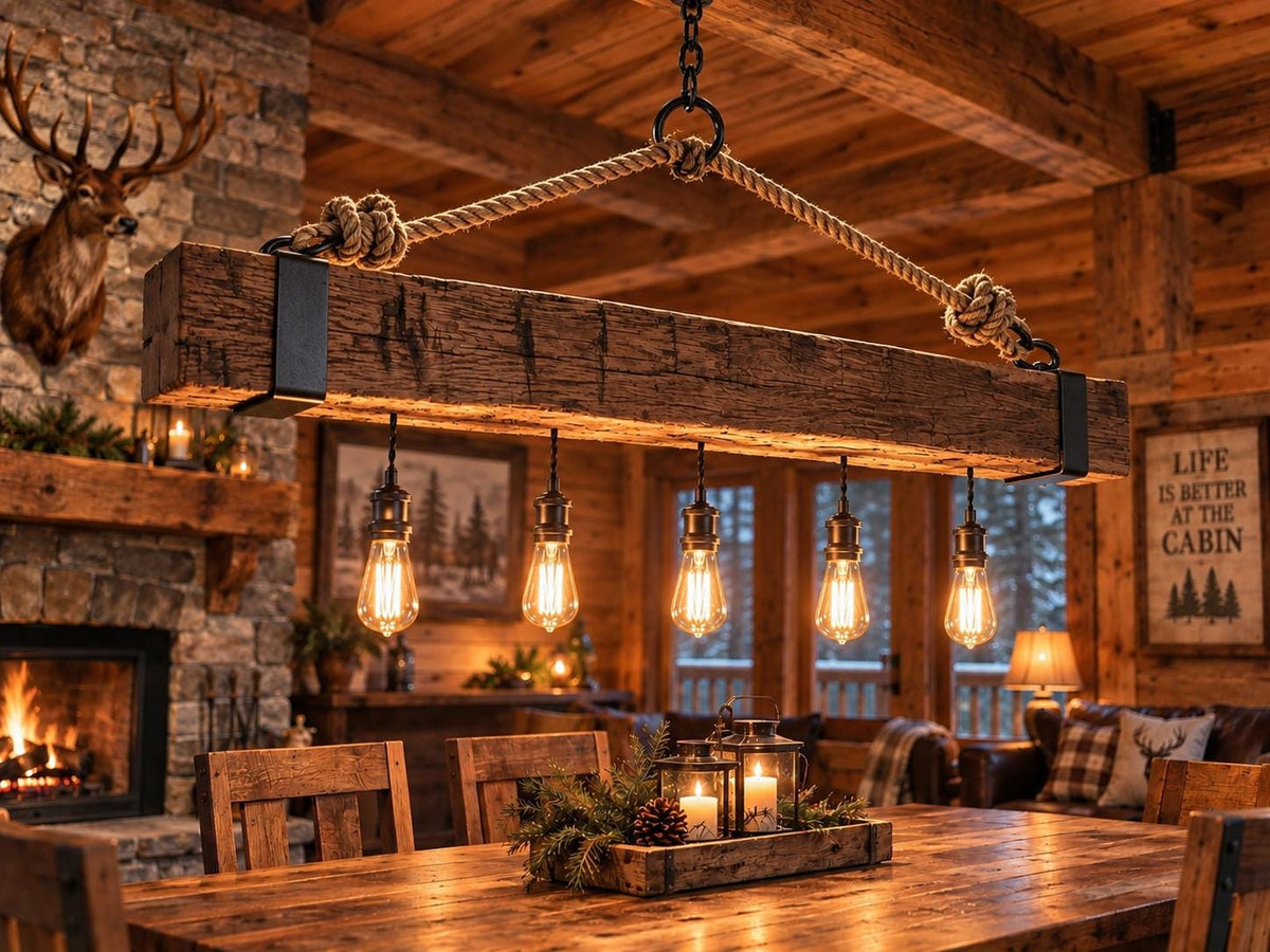 Reclaimed Barn Beam Chandelier, Rustic Wood Hanging Light, 48” Farmhouse Dining Room Light, Cabin Kitchen Island Lighting, Edison Light