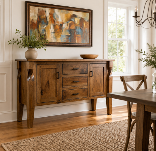 60" Rustic Hickory Brantley Twist Leg Server Buffet | Amish Handcrafted Sideboard Cabinet | Solid Wood Dining Room Storage Console